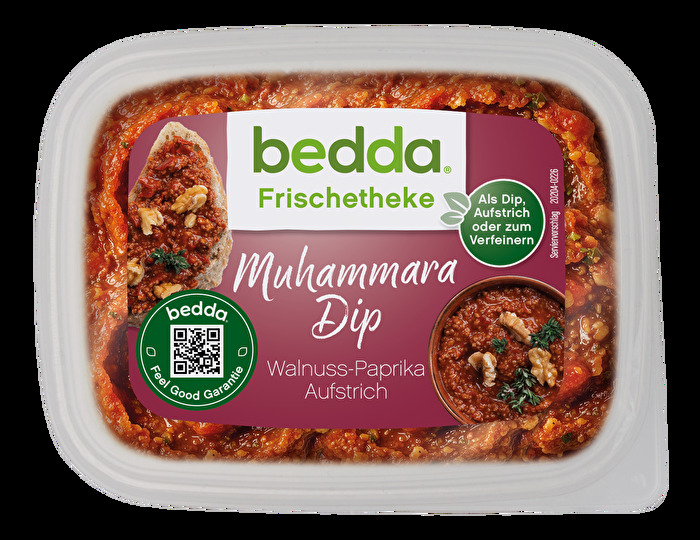 Der Muhammara Dip von bedda vereint die fruchtige Süße gerösteter Paprika mit dem aromatischen Geschmack von Walnüssen zu einer besonders vielseitigen Spezialität.