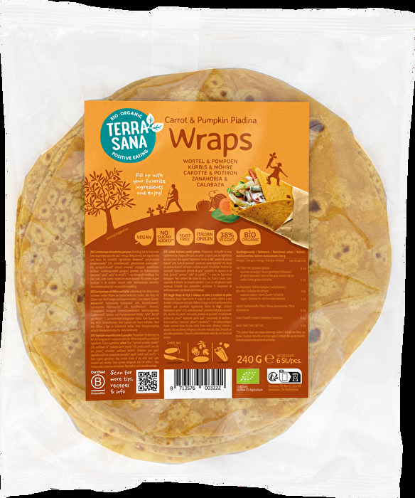 Die Gemüsewraps mit Möhre und Kürbis von TerraSana bringen mediterranen Genuss und einen hohen Gemüseanteil auf deinen Teller