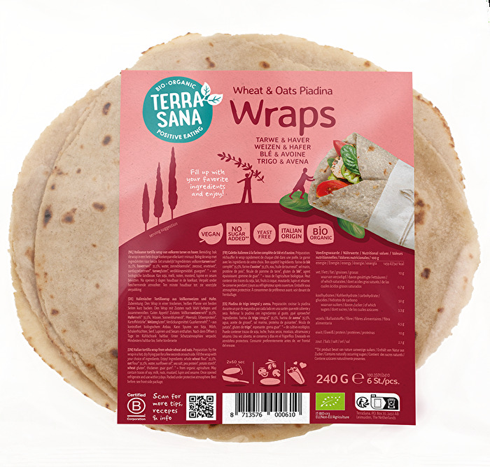 Die Piadina Wraps Weizenvollkornmehl und Hafer von TerraSana bringen italienischen Genuss in deine Küche.