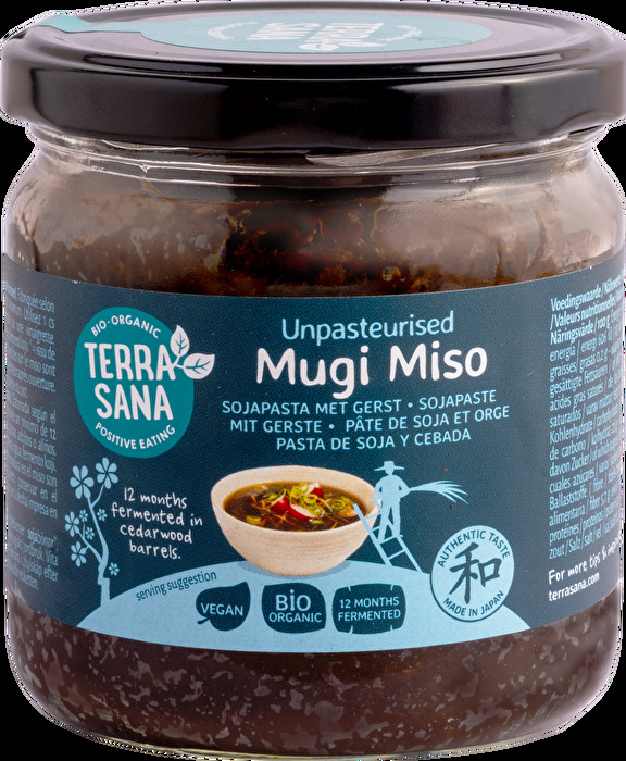 Die Mugi Miso unpasteurisiert - Soja- und Gerstenpaste von TerraSana wird nach traditioneller japanischer Handwerkskunst aus fermentierten Sojabohnen und Gerste hergestellt.