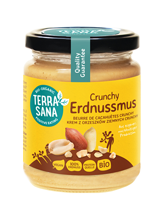 Das Erdnussmus Crunchy von TerraSana vereint intensiven Erdnussgeschmack mit einer angenehm stückigen Konsistenz.
