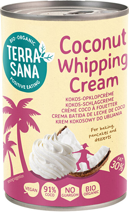 Die besonders cremige Bio Kokos-Schlagcreme von TerraSana eignet sich hervorragend für vegane Desserts, Torten und Heißgetränke.