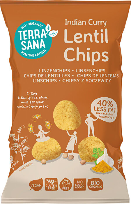 Die knusprigen Linsenchips Indian Curry von TerraSana vereinen die natürliche Kraft von Linsen mit einer fein abgestimmten Curry-Gewürzmischung.