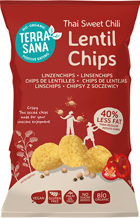 Die knusprigen Bio Linsenchips Thai Sweet Chili von TerraSana bieten vollen Geschmack bei bewusstem Genuss.