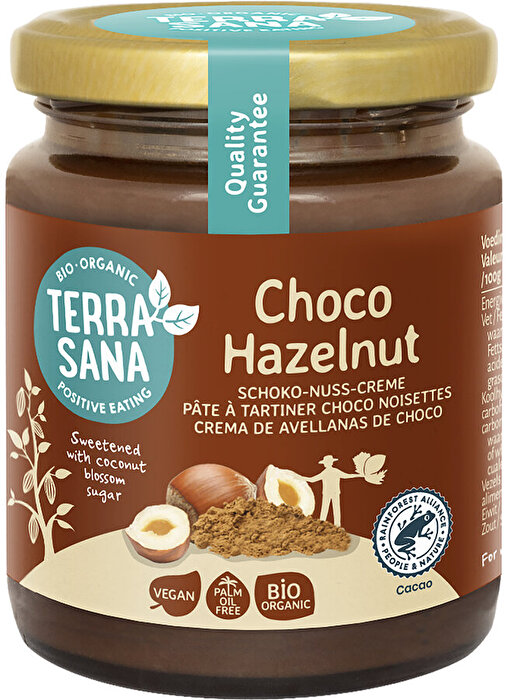 Die vegane Kakao-Haselnss-Creme von TerraSana vereint intensiven Kakaogenuss mit hochwertigen Haselnüssen zu einem besonders cremigen Brotaufstrich.