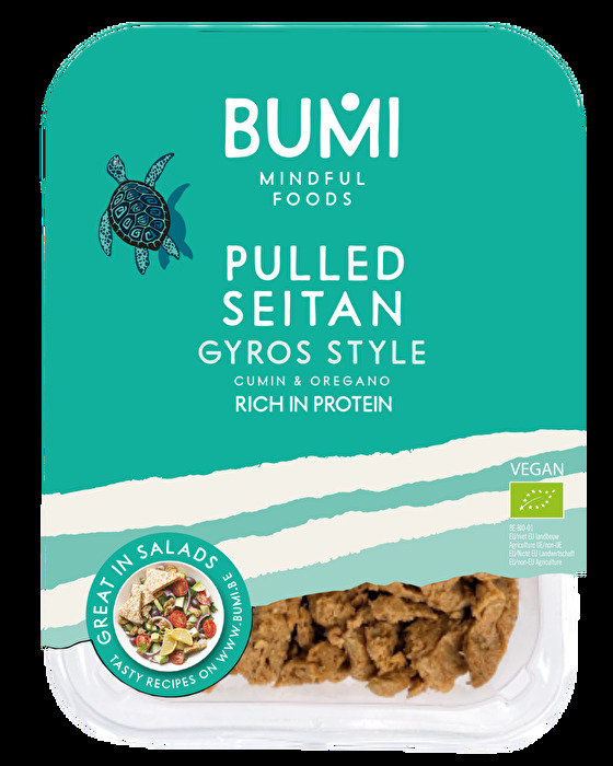 Das Pulled Seitan Gyros von BUMI auf Basis von Weizengluten überzeugt mit seiner zarten, faserigen Struktur und einem authentischen Biss.