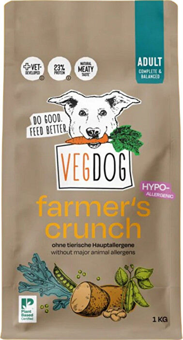 Das Farmers Crunch im handlichen 1KG Beutel von VEGDOG ist ein vollwertiges, veganes Alleinfuttermittel für ausgewachsene Hunde ab 12 Monate.