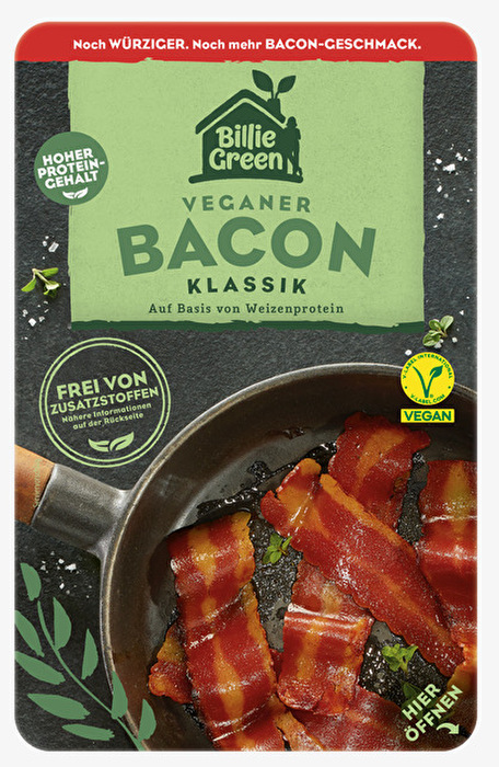 Der vegane Bacon in Scheiben von Billie Green ist ein richtiger Game Changer was die Konsistenz nach dem Braten angeht.
