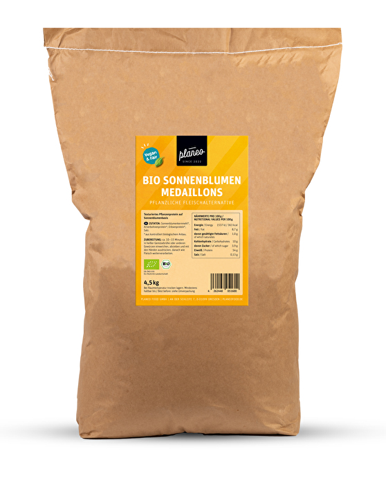Die Bio Sonnenblumen Medaillons von planeo sind eine nachhaltige, pflanzliche Fleischalternative auf Basis von Sonnenblumen, Erbsen und Ackerbohnen – ganz ohne Soja oder Weizengluten.