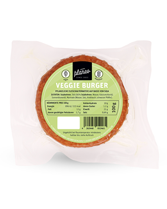 Der Veggi-Burger von planeo auf Soja- und Tofu-Basis überzeugt mit einer herzhaften Würzung und angenehm festen Konsistenz.