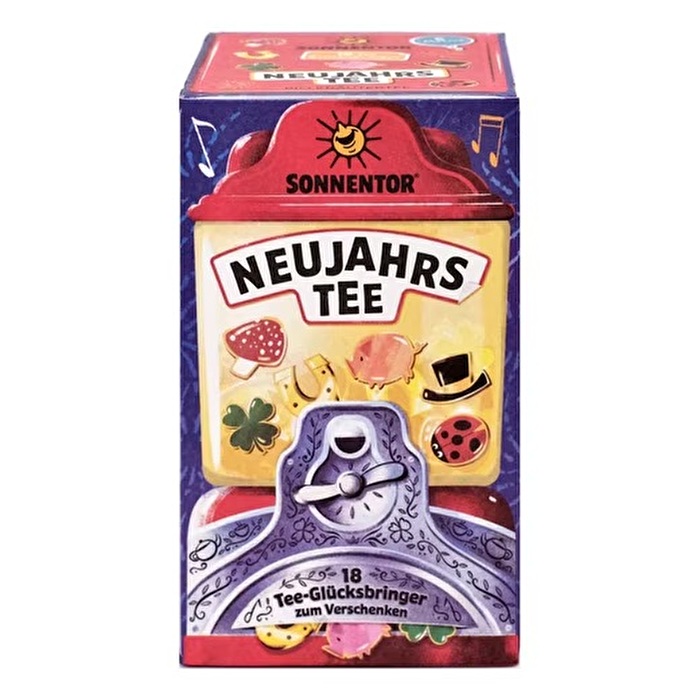 Ein Feuerwerk der Aromen steckt in diesem Neujahrstee von Sonnentor. Die Bio-Kräuterteemischung enthält neue inspirierende Sprüche und lustige Motive für nachhaltige Glücksmomente zur Silvesterparty.