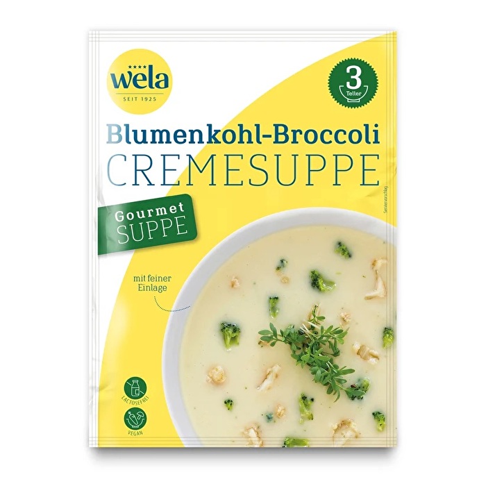 Welas Gourmet Blumenkohl-Broccolisuppe zaubert Dir im Nu ein herrlich cremiges Süppchen mit Blumenkohl- und Broccoliröschen auf den Teller.