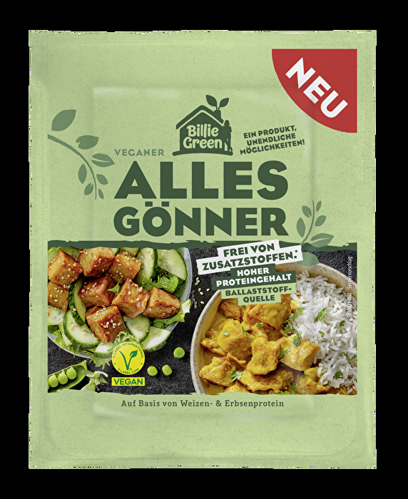 Der vegane AllesGönner von Billie Green ist ein vielseitiger Allrounder auf Basis von Erbsen und Weizenprotein.