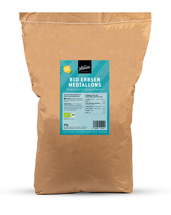 Die BIO Erbsen-Medaillons von planeo im 6kg-Pack eignen sich hervorragend für die Gastronomie oder größere Feiern.