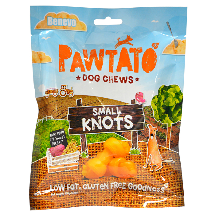 Benevo Pawtato Knots sind leckere vegane Kauknochen für kleine Hunde! Ergibig und gut für Zähne und Zahnfleisch!