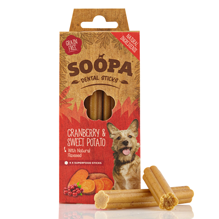 Die Kausticks Dental Sticks Cranberry & Sweet Potato von Soopa versüßen Deinem Hund garantiert den Tag!
