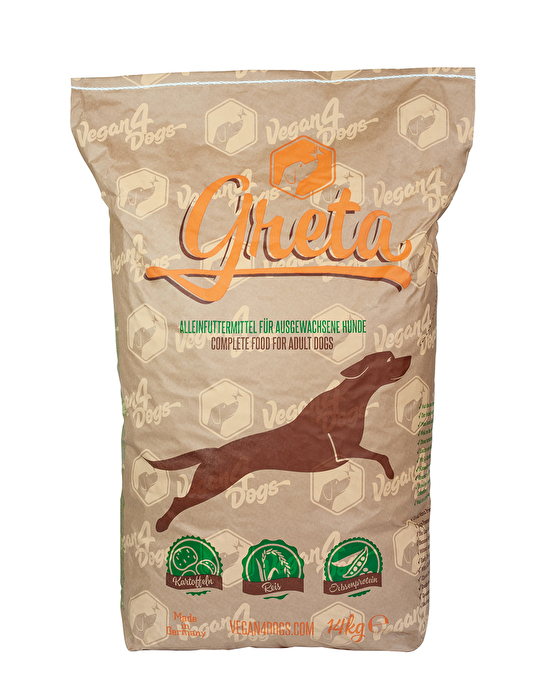 Greta, das vegane Alleinfuttermittel für Hunde von Vegan4Dogs, gibt es jetzt auch im 14kg-Pack. Das Hundefutter verzichtet kompl