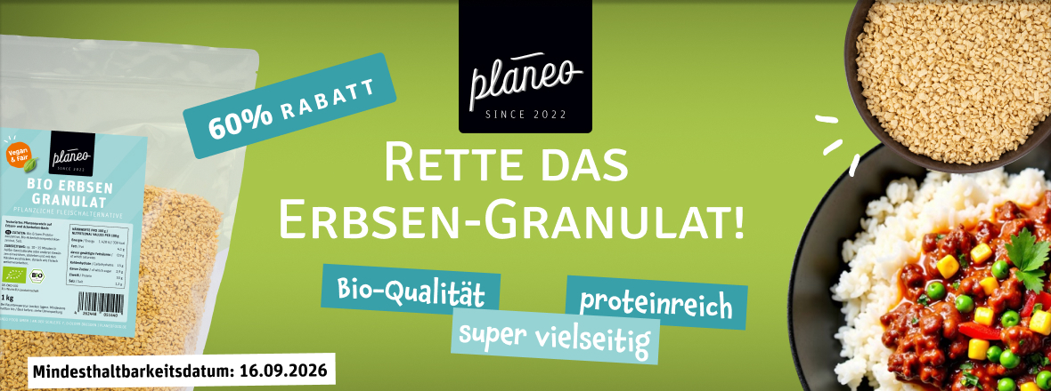 Jetzt 60 % Rabatt auf Erbsen-Granulat von planeo mit einem Mindesthaltbarkeitsdatum vom 16.09.2026 auf kokku-online.de
